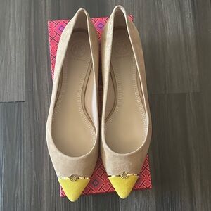 beige and yellow suede Tory Burch ballet flats